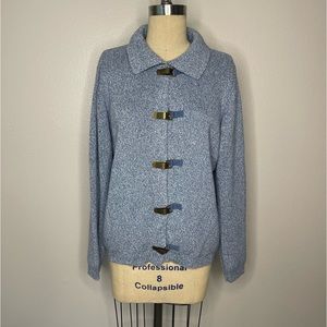 Liz Claiborne Cotton Blue White Vintage Knit Sweater Jacket Metal Details Large